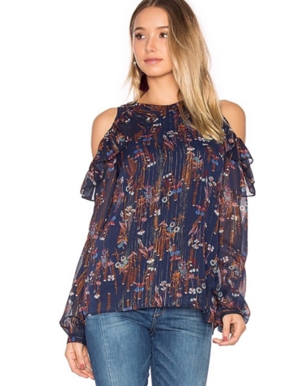 Wayf Navy Floral Cold-Shoulder Ruffle Blouse